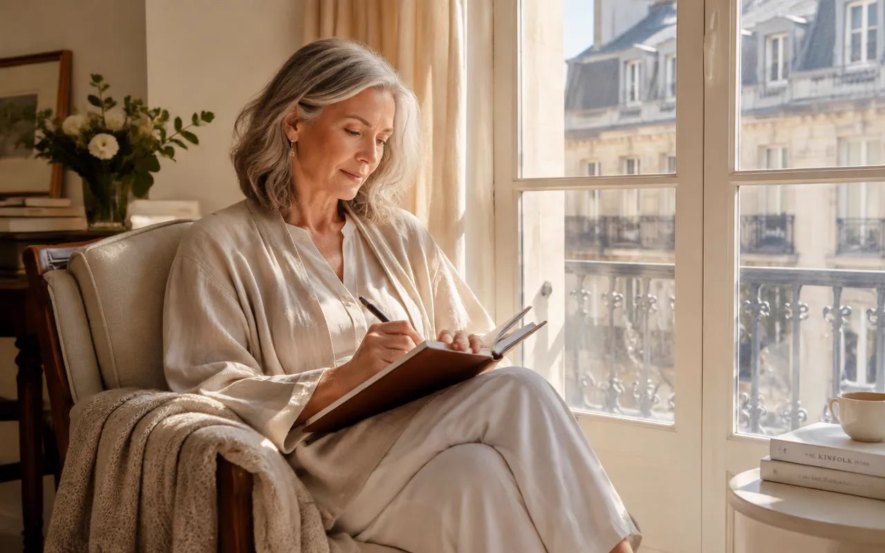 Woman in her sixties writing in a journal by a tall sunlit Parisian window