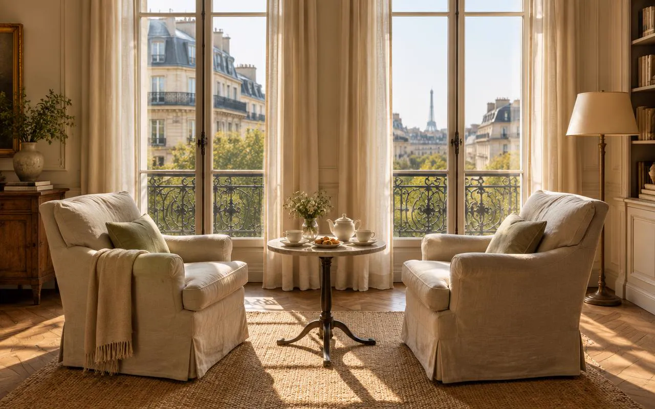 Two linen armchairs facing each other by tall sunlit Parisian windows