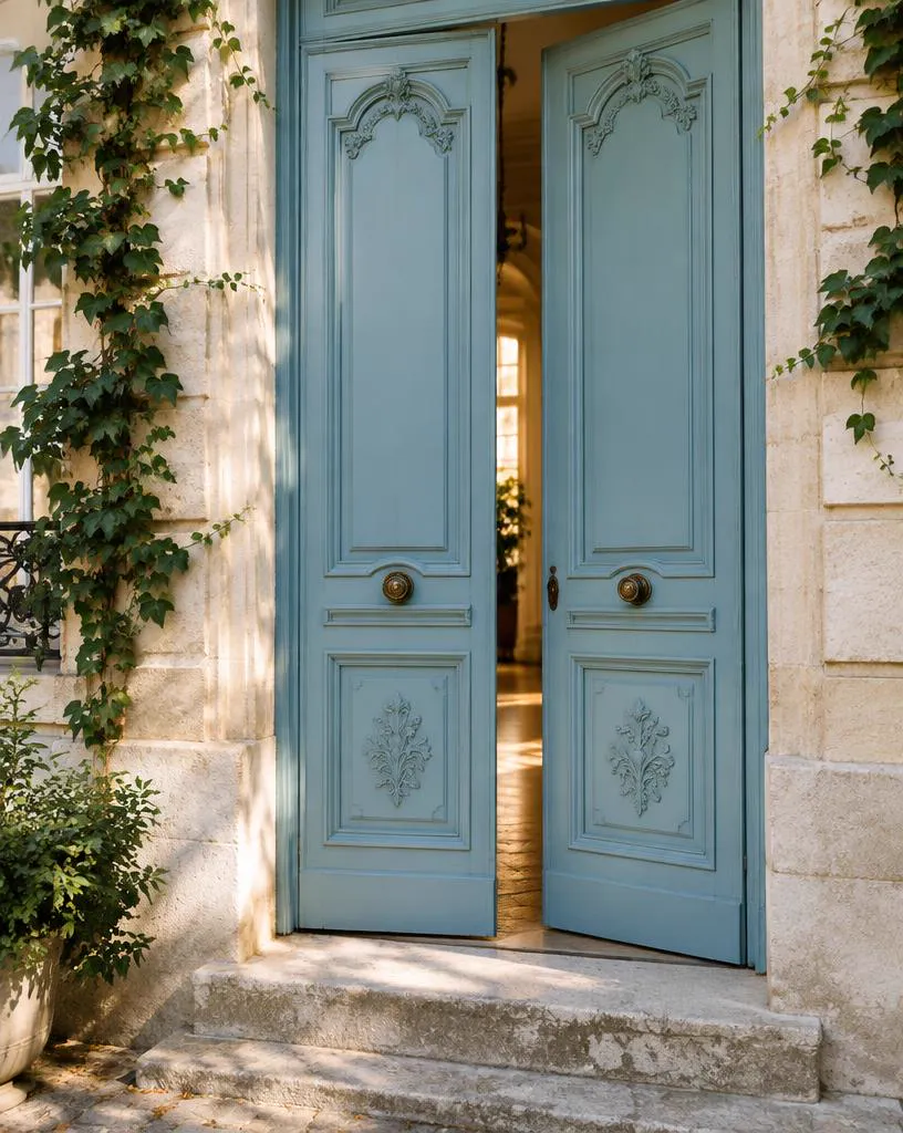 Partially open robin's-egg-blue Parisian double door with warm morning light