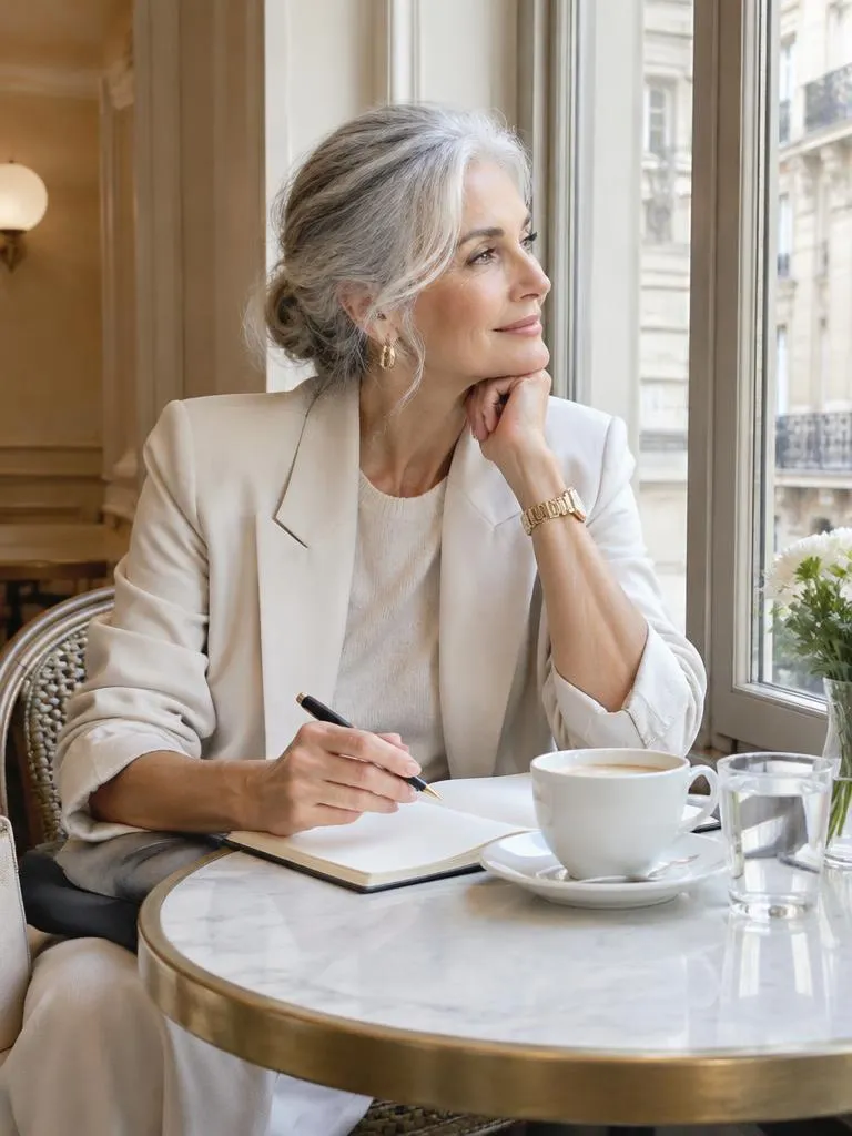 Woman in her sixties writing in a notebook at a café window