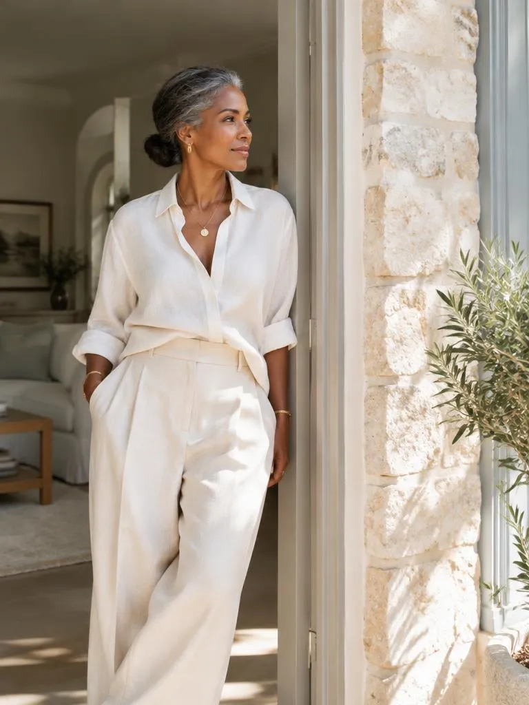Woman in her fifties standing in the sunlit doorway of her home
