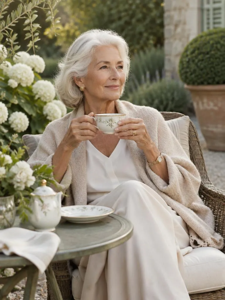 Woman in her seventies holding a cup of tea in a garden