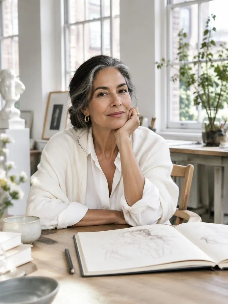 Woman in her sixties at a desk with an open sketchbook in a bright atelier