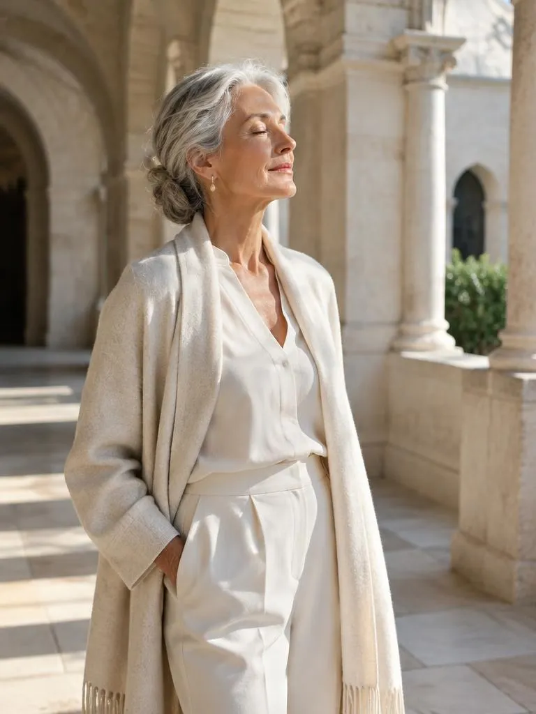 Woman in her sixties with eyes closed in a sunlit stone cloister